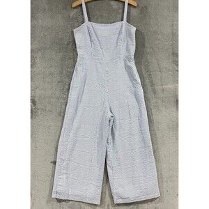 Privacy Please Blue White Stripe Cotton Blend Jumpsuit Crop Wide Leg Lined Sz L
